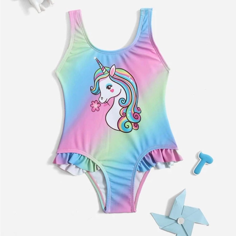 SHEIN Kids Rainbow Pastel Unicorn One-Piece Swimsuit